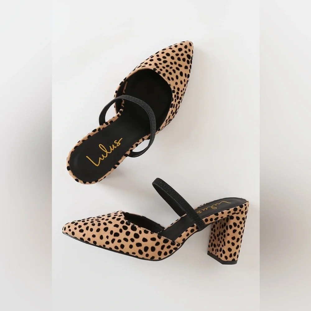 ⭐️ Lulus Maryna Black and Tan Cheetah Suede Pointed-Toe Mules Size 7.5 - Picture 3 of 9